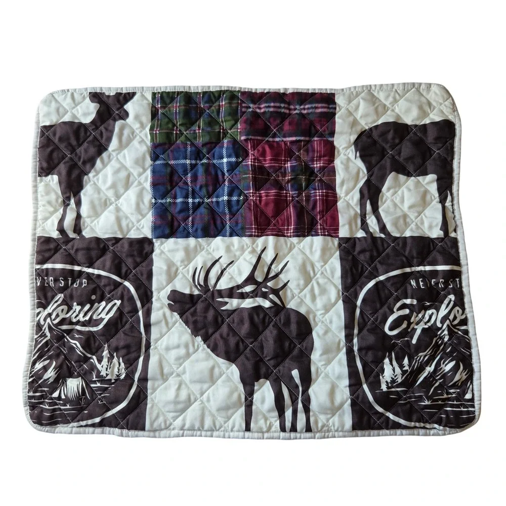 Rustic Lodge Elk Plaid Patchwork Quilted Pillow Sham Set of 2 Brown Cream 25x19